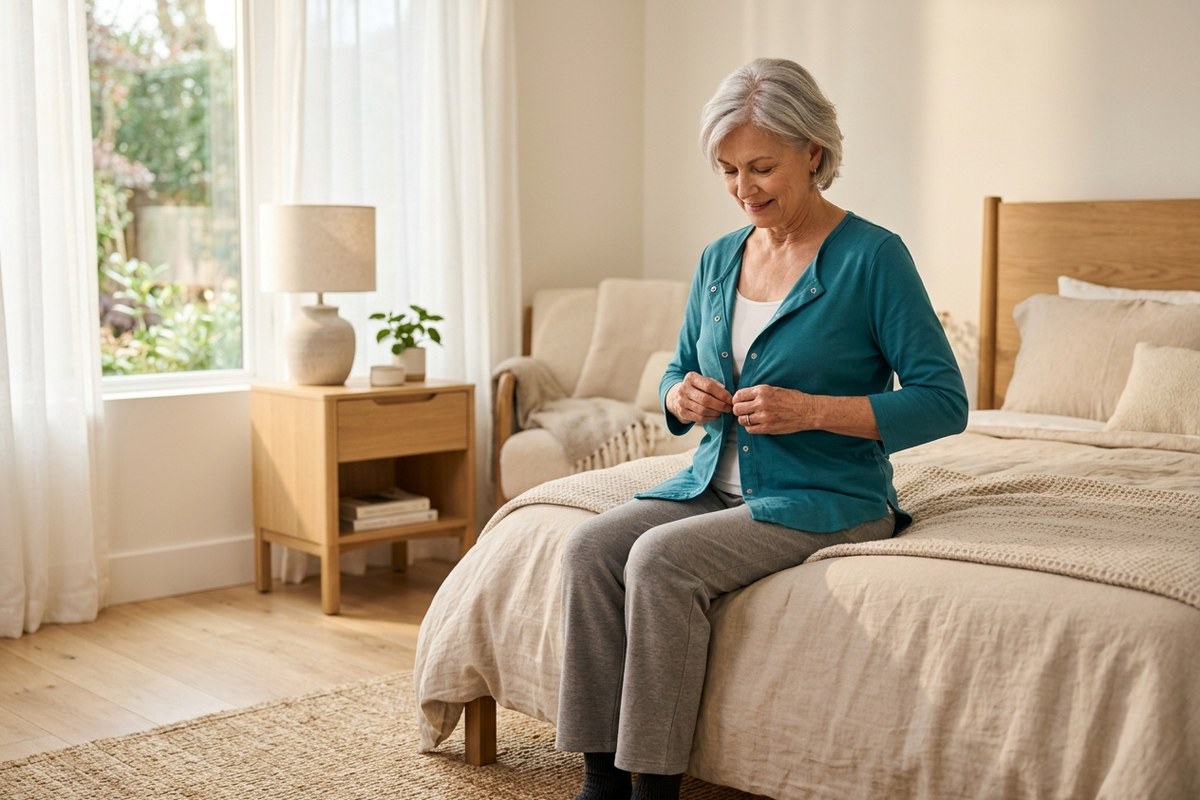 Senior woman independently fastening a teal adaptive cardigan with easy closures in a bright bedroom