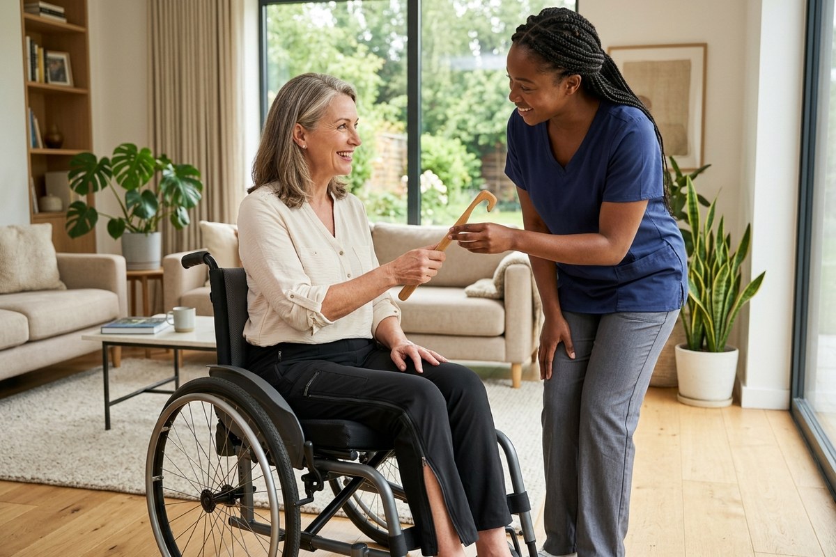 Woman in a wheelchair receiving a dressing stick from a caregiver while wearing adaptive side-zip pants