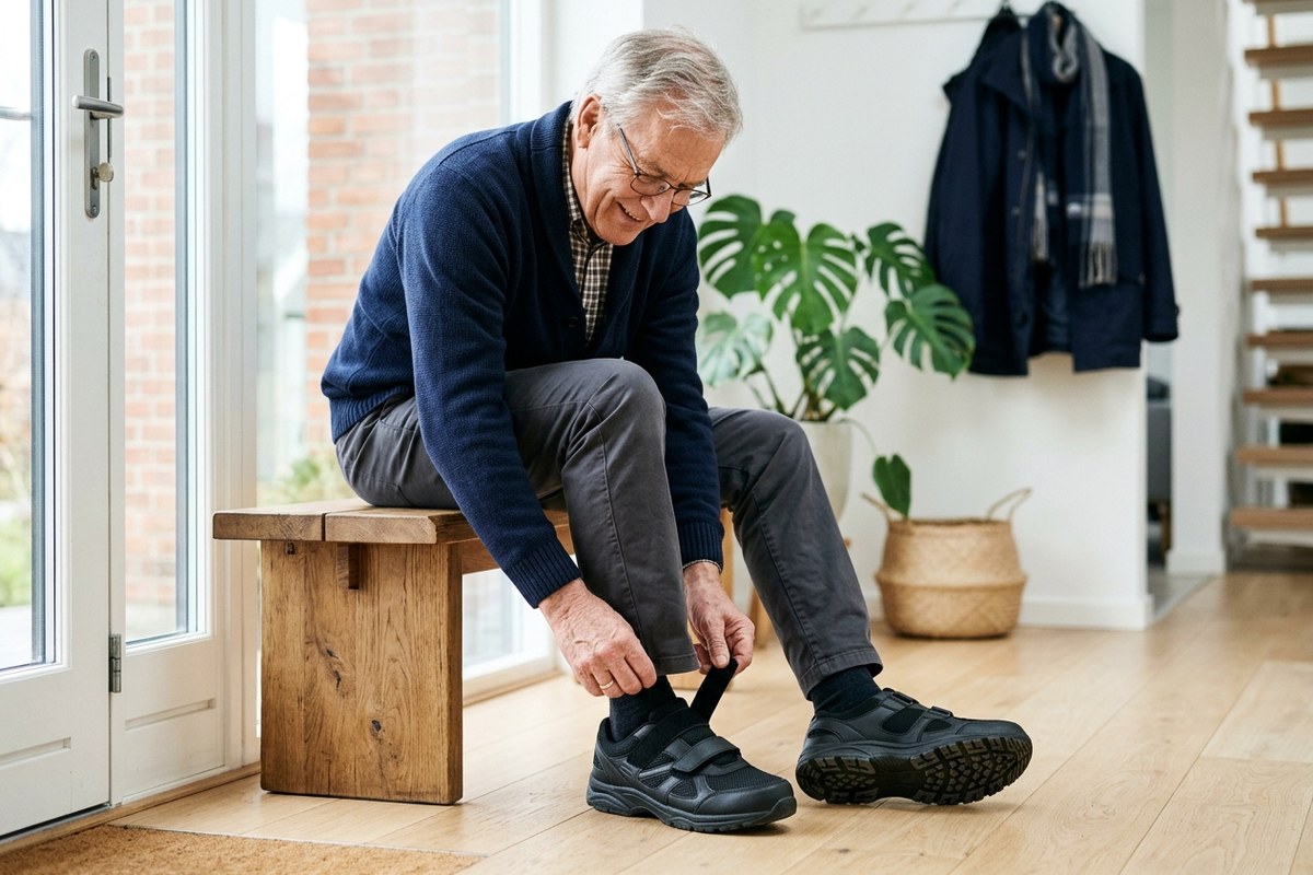 Senior man fastening black wide-fit adaptive sneakers with Velcro straps in a bright entryway