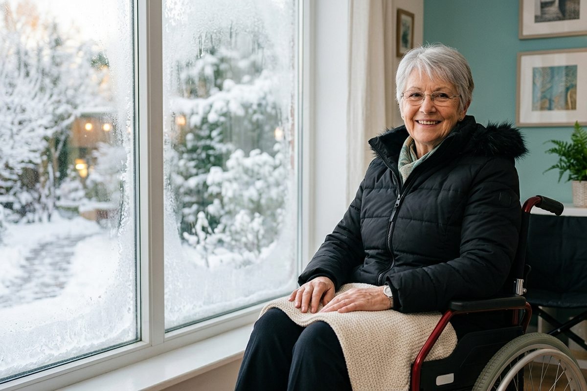 Senior woman wearing a black water-resistant adaptive winter parka in a wheelchair near a frosty window