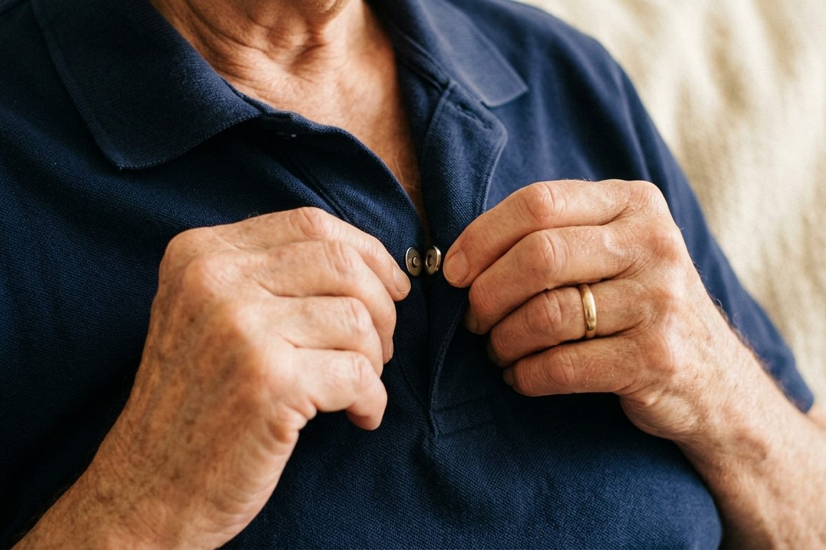Hands of an older adult easily fastening a magnetic closure on a navy polo shirt
