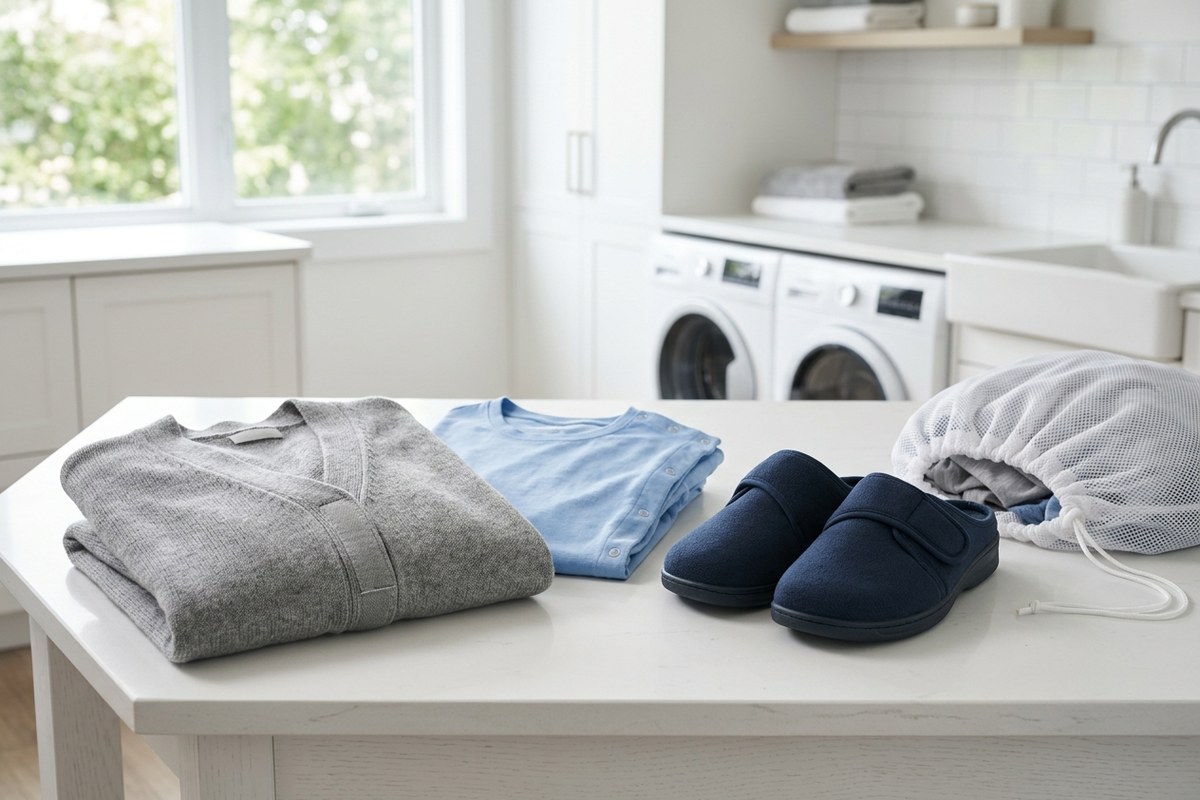 Folded adaptive cardigan, side-snap top, and Velcro slippers arranged for laundry care on a bright table