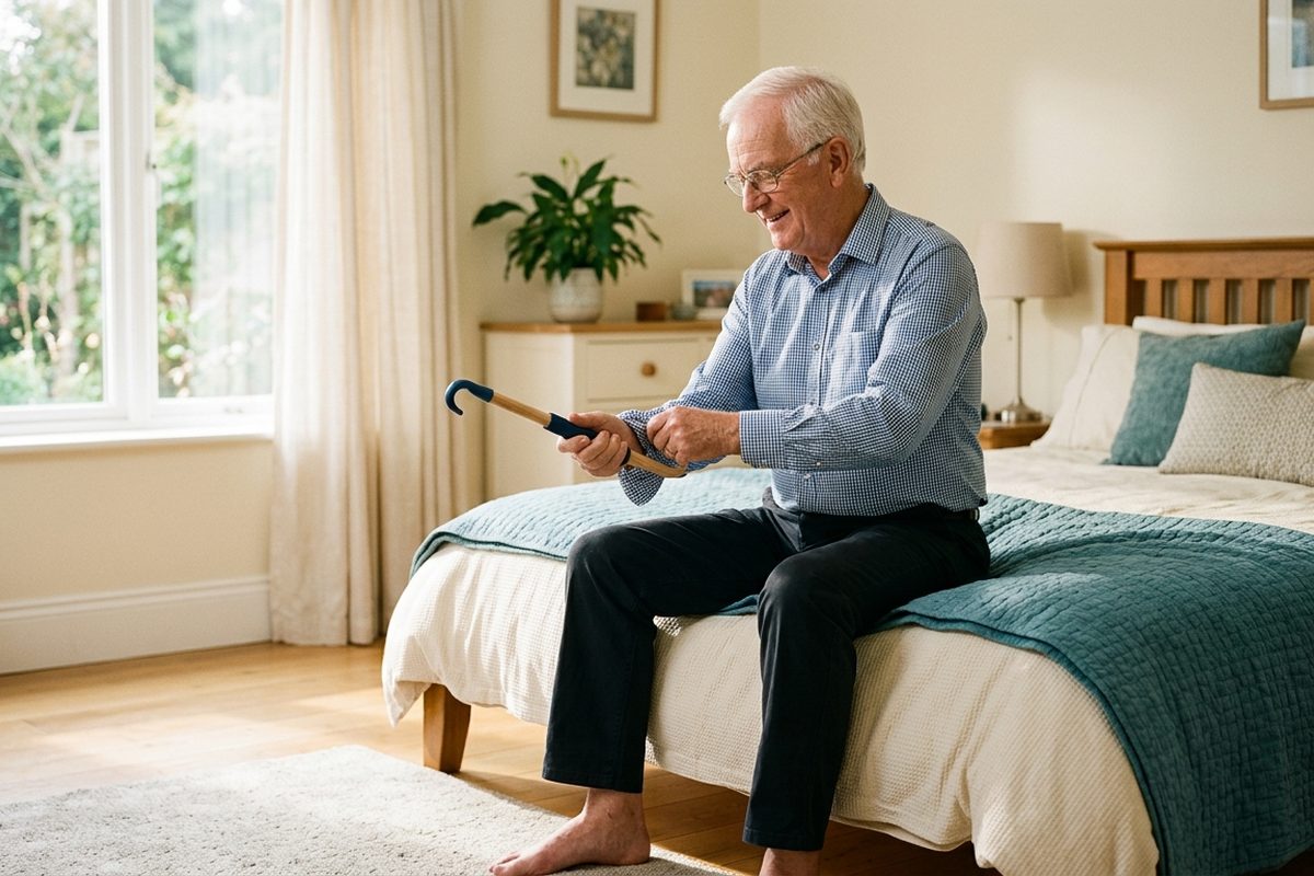 Senior man using an ergonomic dressing stick to pull on a shirt independently in a sunlit bedroom
