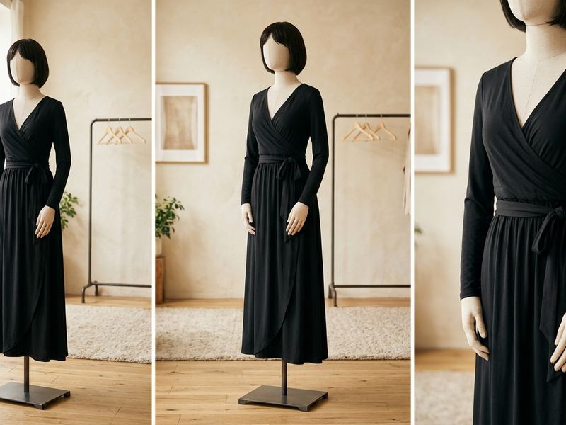 Black soft stretch adaptive maxi dress with elegant wrap design on a mannequin in a bright studio