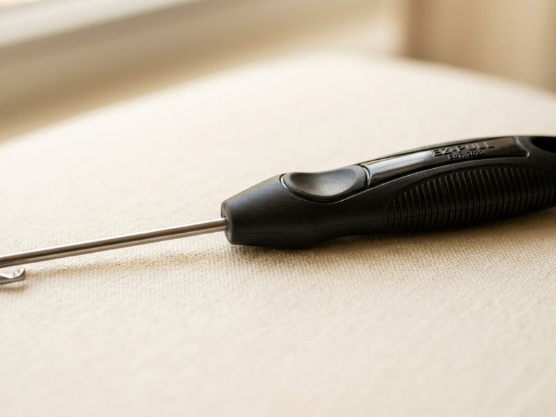 Black plastic button hook zipper pull tool with ergonomic grip on a cream surface