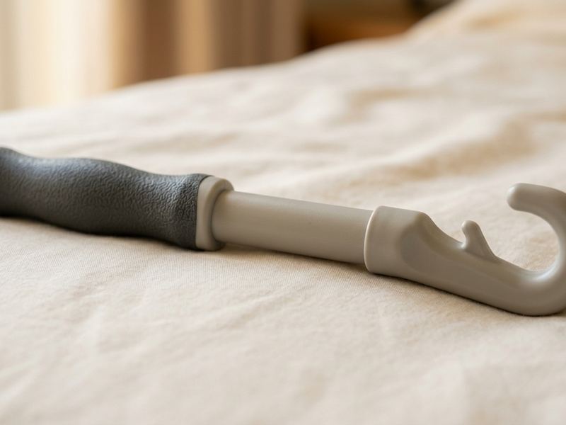 Ergonomic plastic dressing stick with non-slip grip and curved hook end on a cream surface