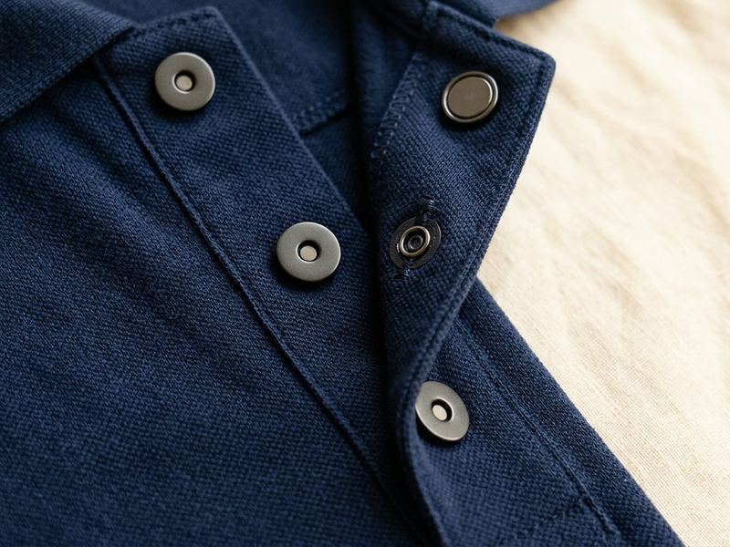 Close-up of magnetic closure buttons on a navy blue cotton blend polo shirt