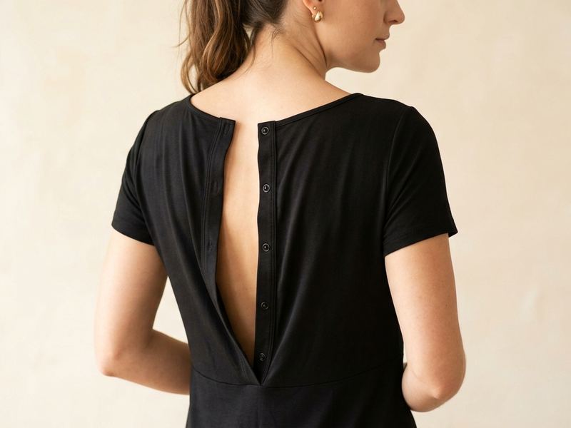 Close-up of open-back design on a black adaptive dress with soft stretch fabric and easy closure