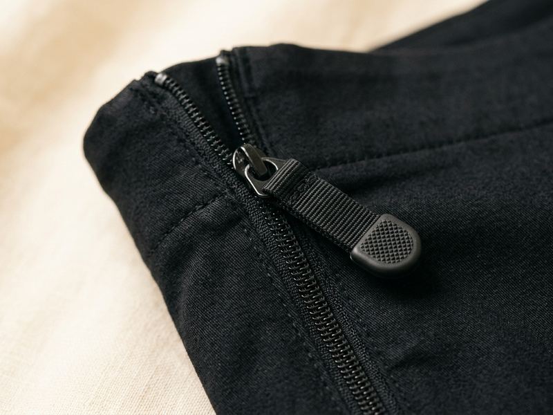 Close-up of side zipper with easy-pull tab on black adaptive stretch cotton pants