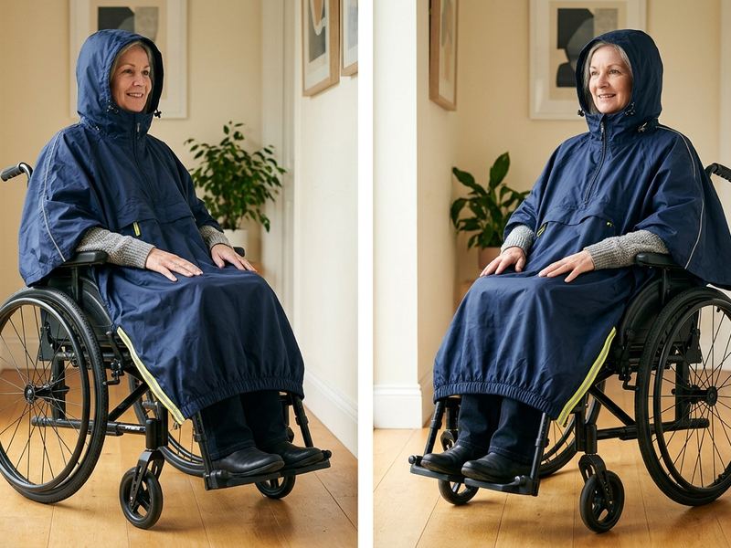 Navy blue polyester wheelchair rain poncho draped over a wheelchair showing adjustable fit and full coverage