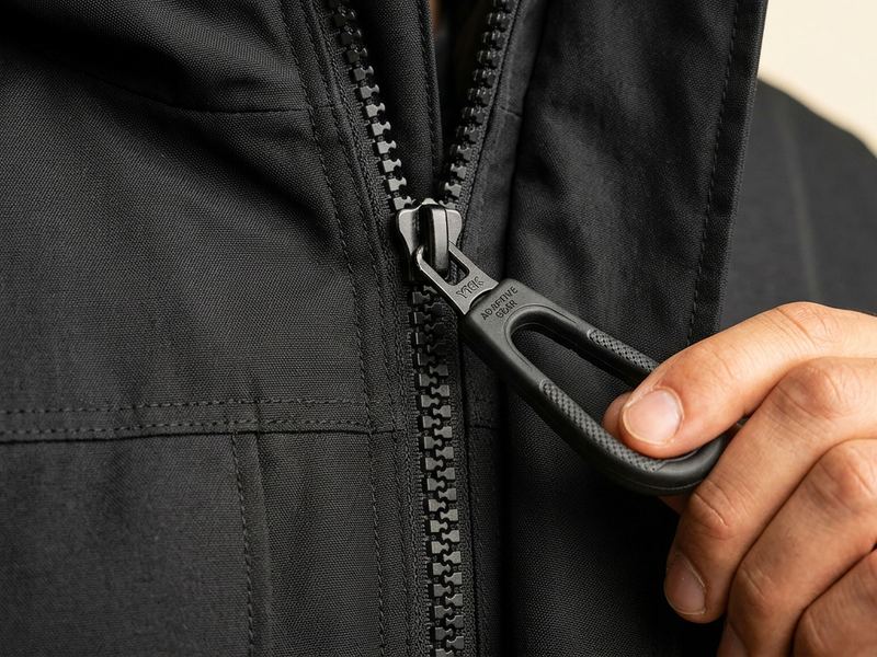 Close-up of easy front closure with large ergonomic zipper pull on a black water-resistant adaptive winter coat